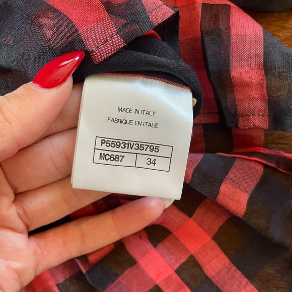 CHANEL (EU 34) SHEER BLOUSE PLAID GINGAM RUFFLE COLLAR - Picture 5 of 7